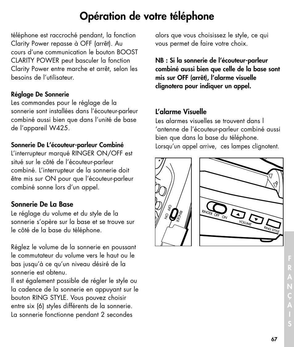 Opération de votre téléphone, Sonnerie de la base, L’alarme visuelle | Walker W425 User Manual | Page 68 / 78