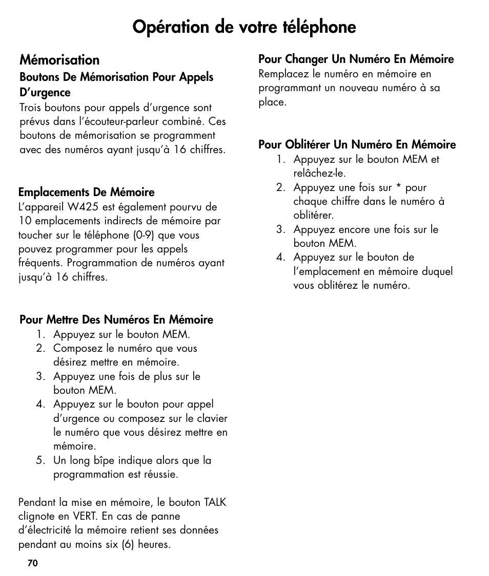 Opération de votre téléphone, Mémorisation | Walker W425 User Manual | Page 71 / 78