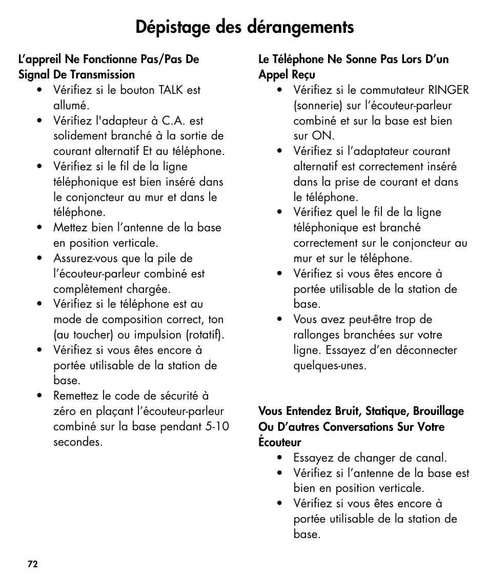 Dépistage des dérangements | Walker W425 User Manual | Page 73 / 78
