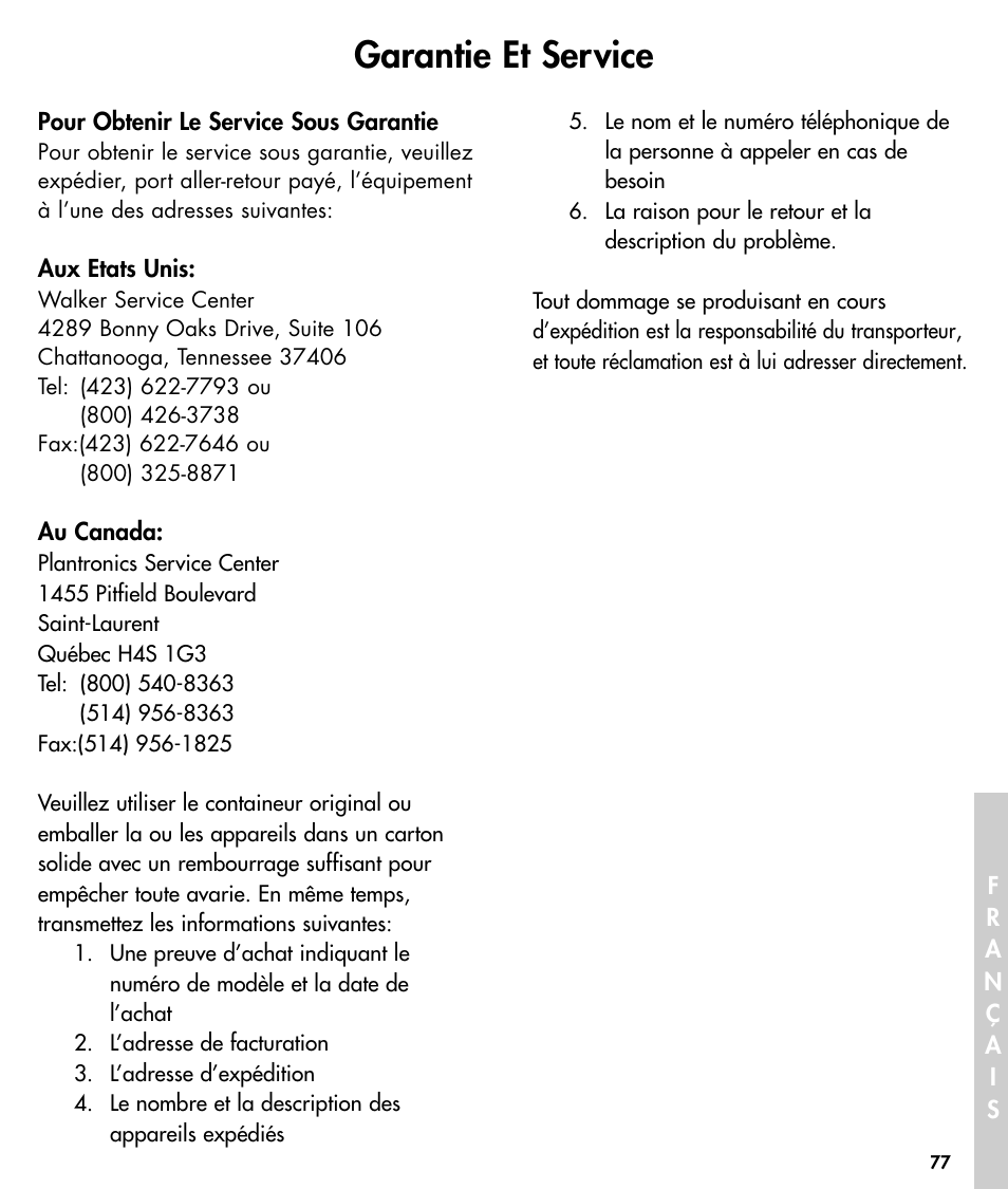 Garantie et service | Walker W425 User Manual | Page 78 / 78