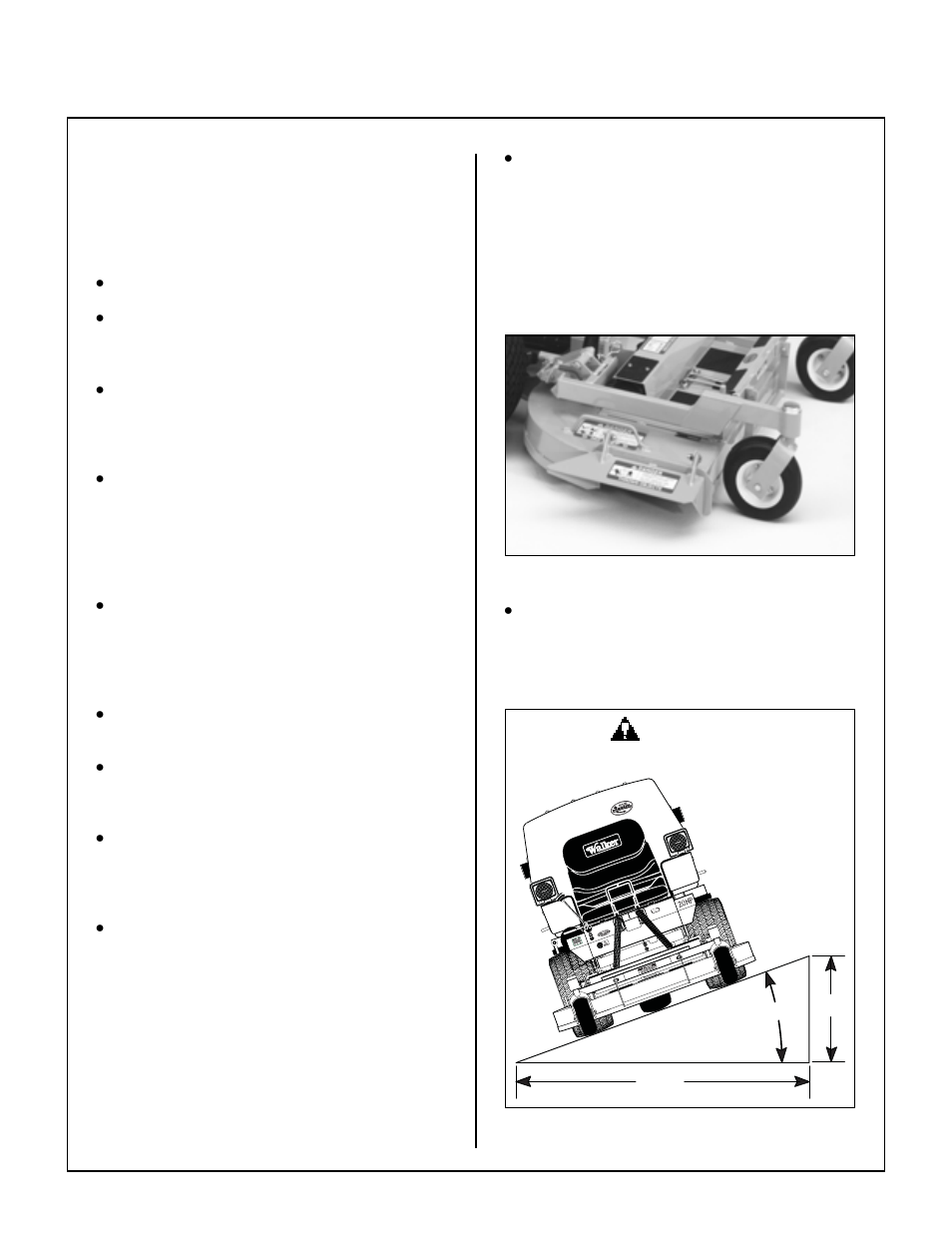 Recommendations for mowing, Side discharge shield in lowest position, Maximum recommended side slope | Operating instructions | Walker MC (20 HP) User Manual | Page 37 / 72