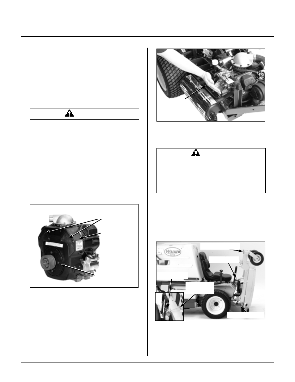 Cylinder head cooling fins, Cooling system airflow, Grass buildup in mower housing | Deck secured in tilt-up position, Maintenance instructions | Walker MC (20 HP) User Manual | Page 57 / 72