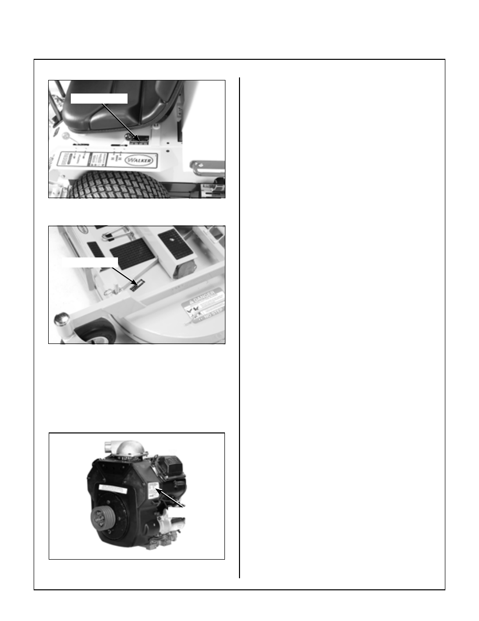 Tractor serial number location, Mower deck serial number location, Engine serial number location | Servicing of engine and drivetrain components, General information | Walker MC (20 HP) User Manual | Page 6 / 72
