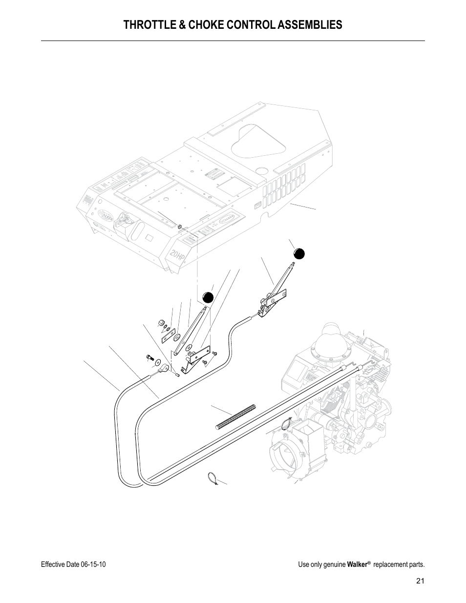 Throttle & choke control assemblies, Replacement parts | Walker MC (20 HP) User Manual | Page 23 / 60