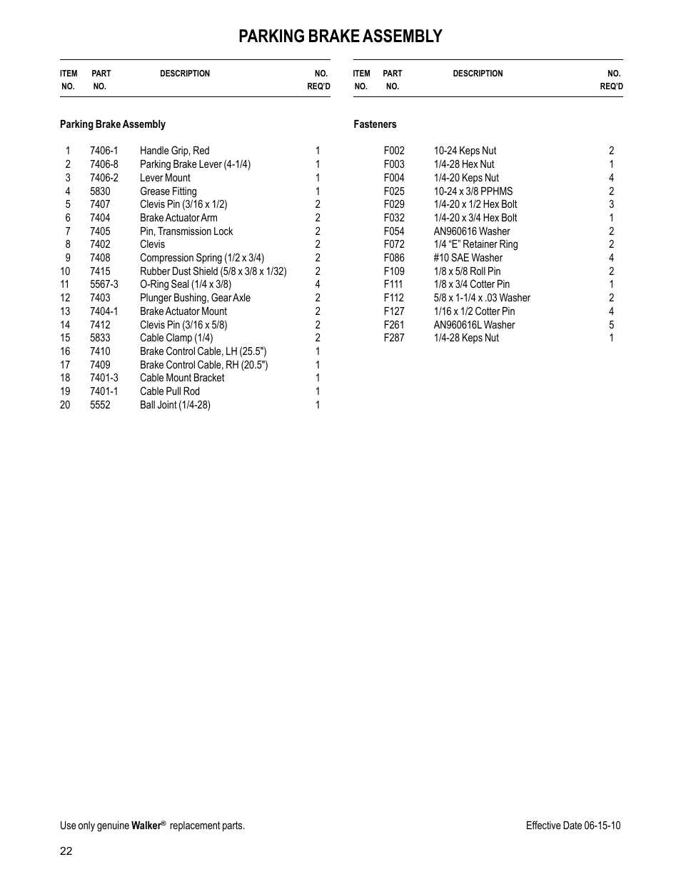 Parking brake assembly | Walker MC (20 HP) User Manual | Page 24 / 60