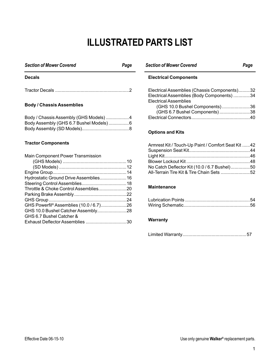 Illustrated parts list | Walker MC (20 HP) User Manual | Page 3 / 60