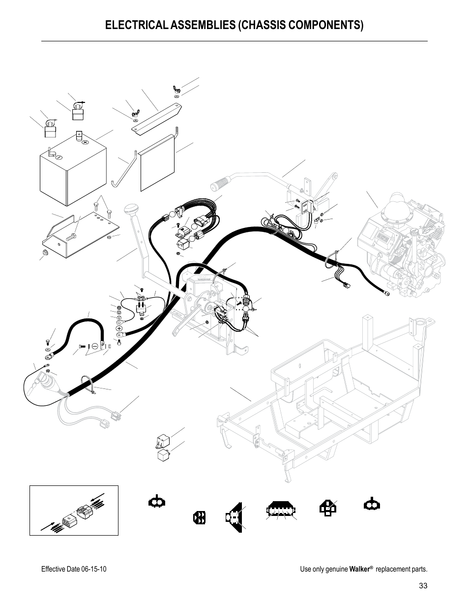 Electrical assemblies (chassis components), Replacement parts, Detail d detail b detail c | Detail a, Detail e | Walker MC (20 HP) User Manual | Page 35 / 60