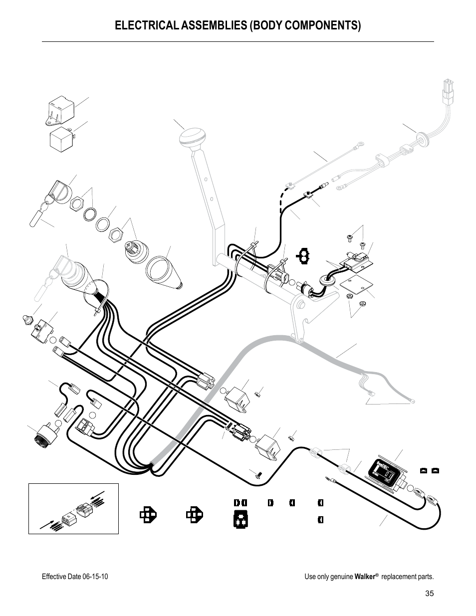 Electrical assemblies (body components), Detail a detail f, Detail b | Detail c detail d detail e detail g, Replacement parts | Walker MC (20 HP) User Manual | Page 37 / 60