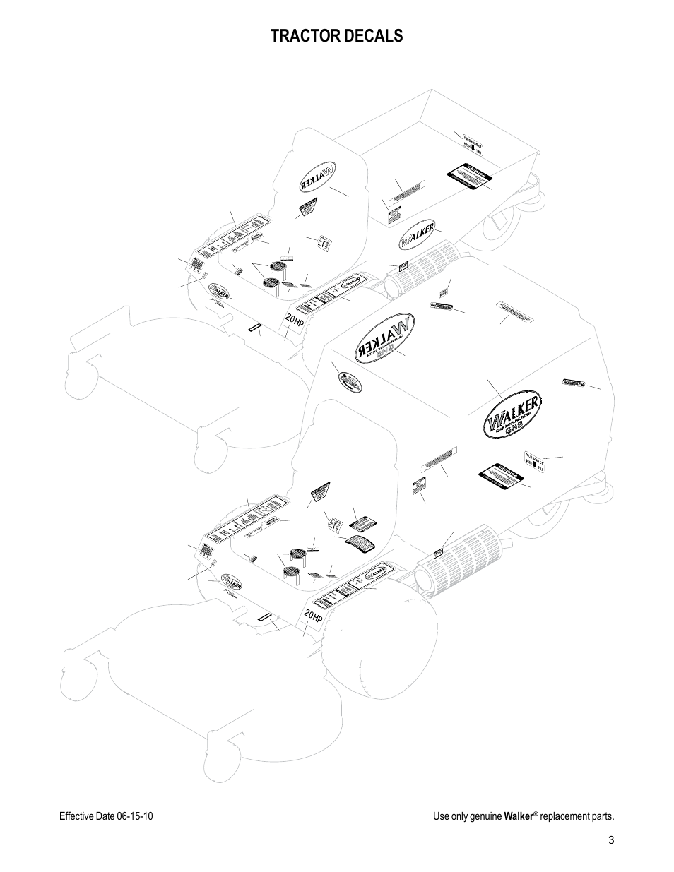 Tractor decals, Replacement parts | Walker MC (20 HP) User Manual | Page 5 / 60