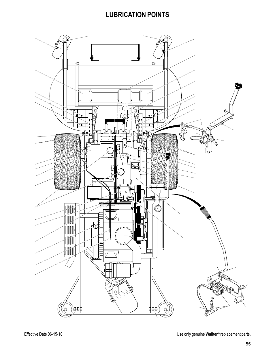 Lubrication points, Replacement parts | Walker MC (20 HP) User Manual | Page 57 / 60