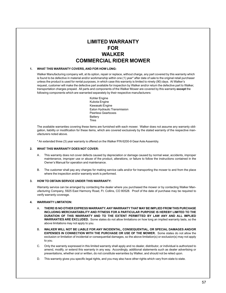 Limited warranty, Limited warranty for walker commercial rider mower | Walker MC (20 HP) User Manual | Page 59 / 60