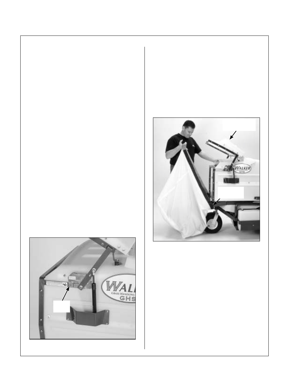 Dumping the catcher, Tailgate dumping, Catcher door safety latch | Using the dump bag, Positioning dump bag on catcher, Operating instructions | Walker MC (18 HP) User Manual | Page 43 / 72