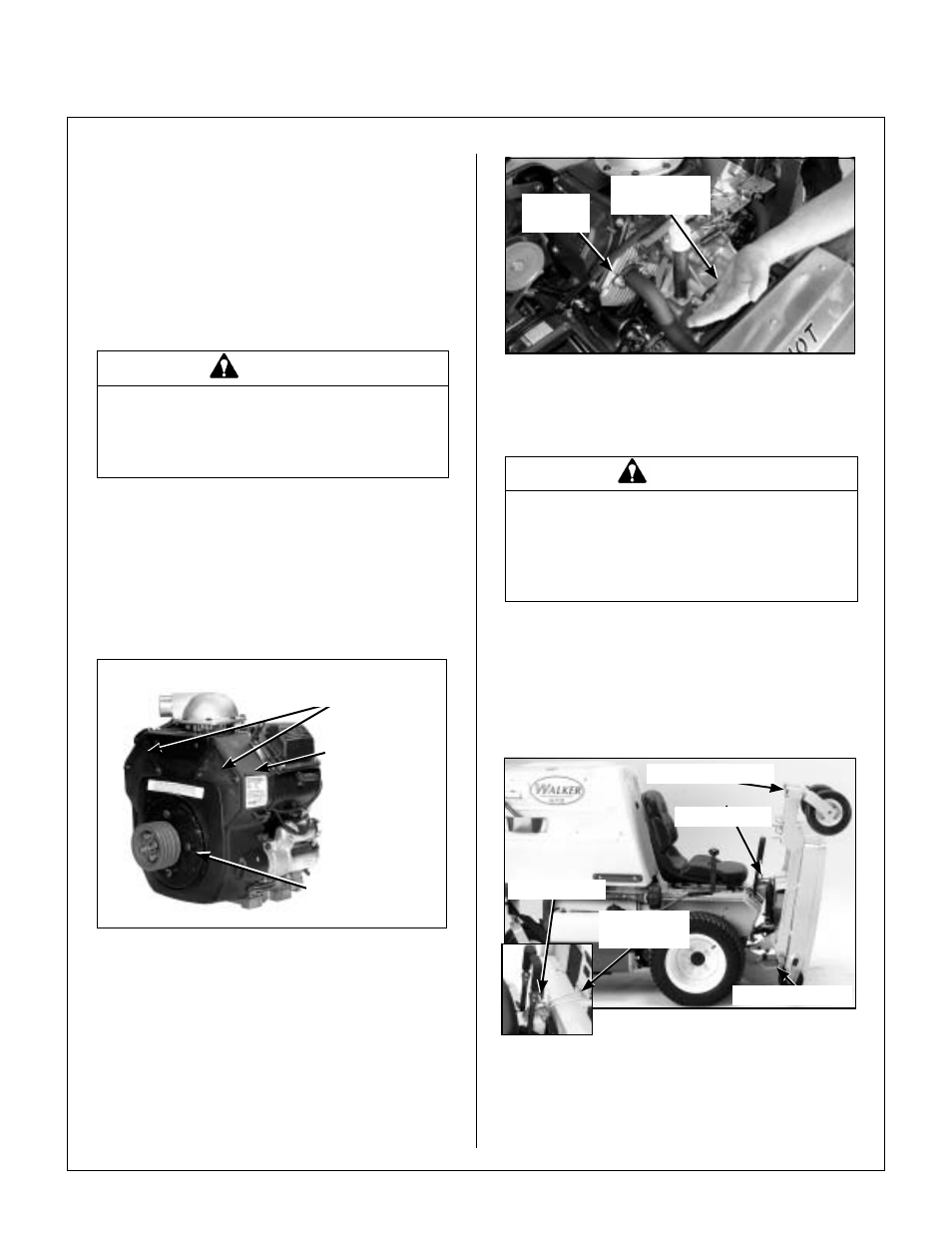 Cylinder head cooling fins, Cooling system airflow, Grass buildup in mower housing | Deck secured in tilt-up position, Maintenance instructions | Walker MC (18 HP) User Manual | Page 57 / 72