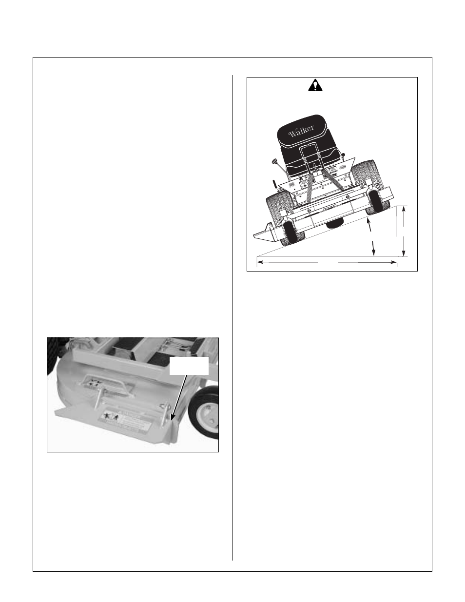 Side discharge shield in lowest position, Maximum recommended side slope, Operating instructions | Walker MB (18 HP) User Manual | Page 35 / 72
