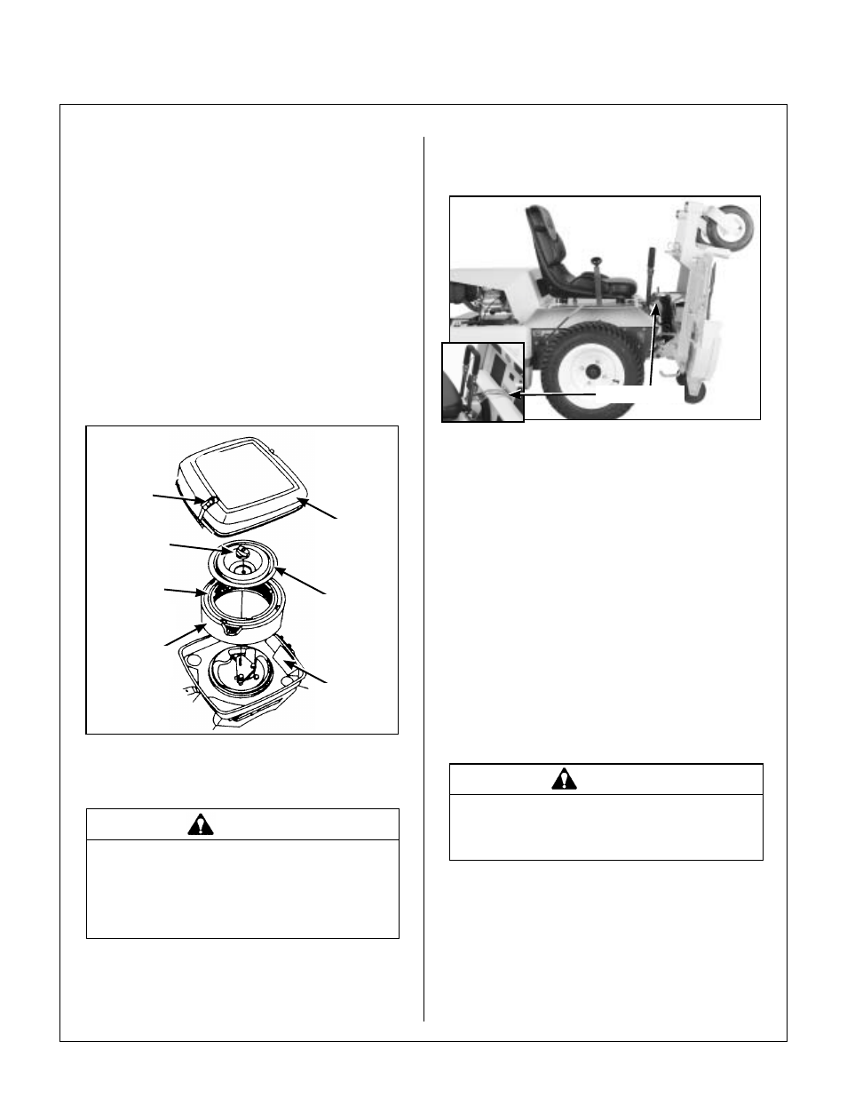 Air cleaner components, Grass buildup in mower housing, Deck secured in tilt-up position | Maintenance instructions | Walker MB (18 HP) User Manual | Page 44 / 72