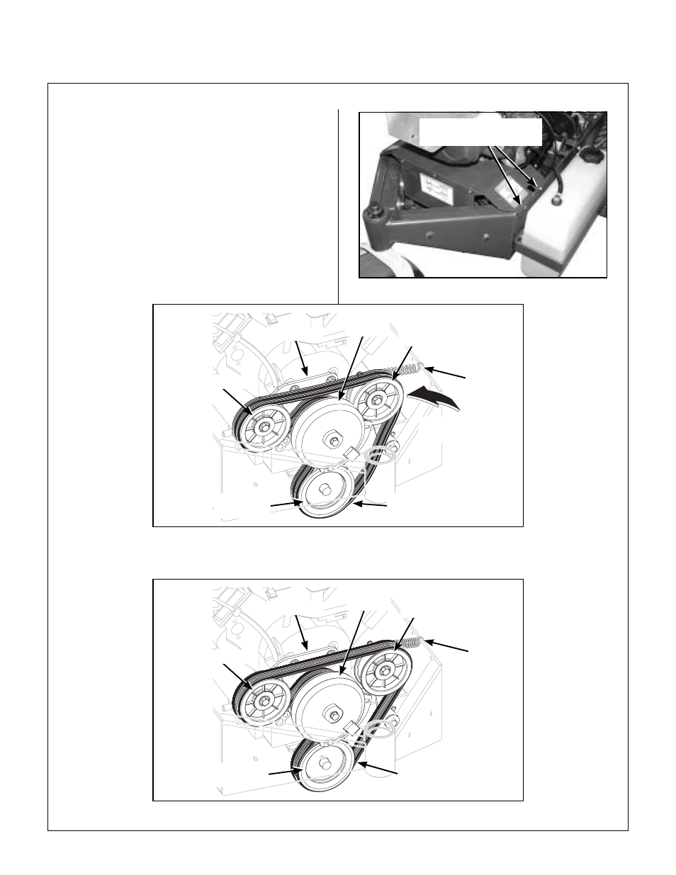 Engine/pto belt, Remove belt guard, Engine/pto belt (disengaged) | Engine/pto belt (engaged), Maintenance instructions | Walker MB (18 HP) User Manual | Page 49 / 72