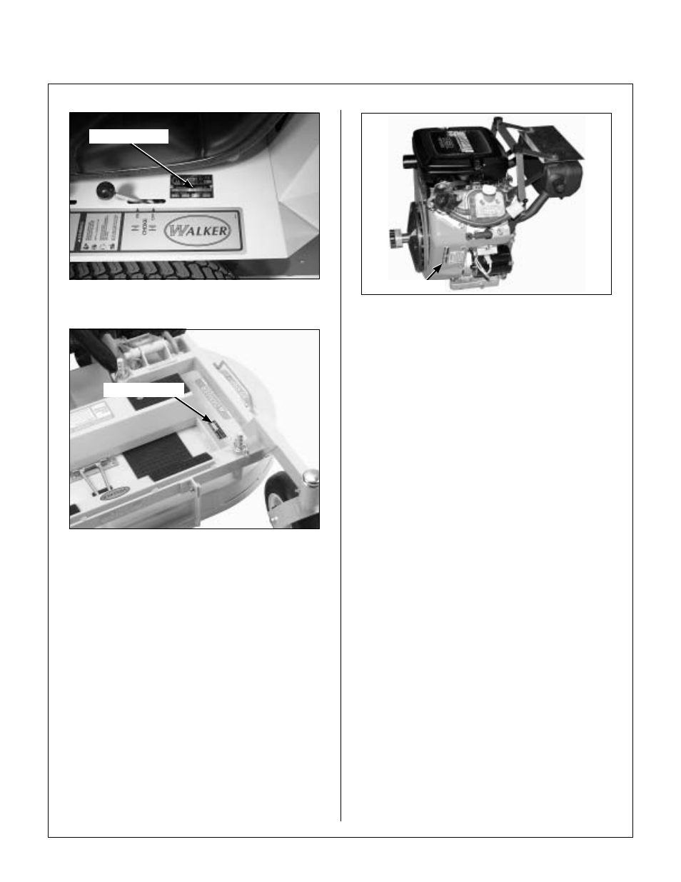 Tractor serial number location, Mower deck serial number location, Engine serial number location | Servicing of engine and drivetrain components, General information | Walker MB (18 HP) User Manual | Page 6 / 72