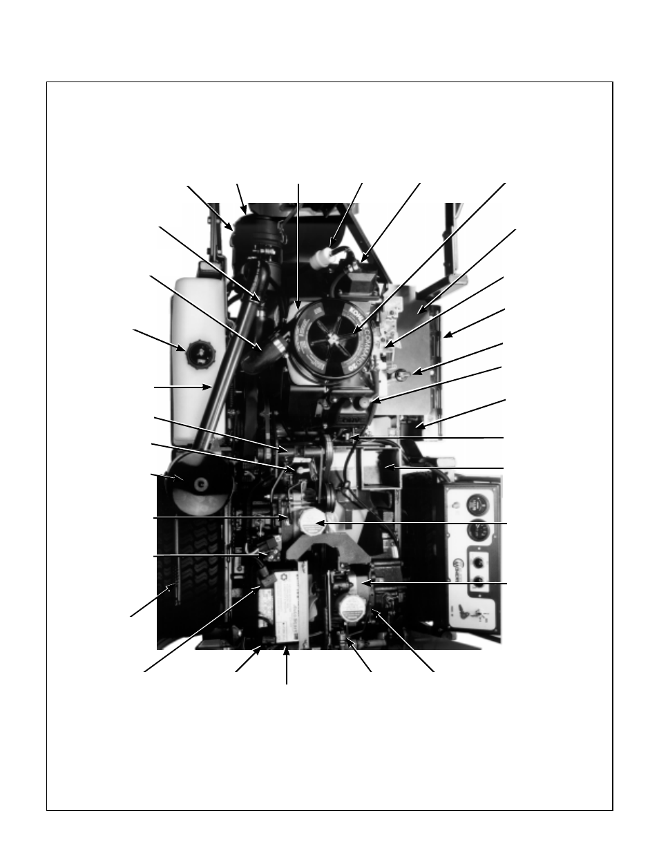 Air cleaner base plate, Engine air cleaner (secondary), Rh hydrostatic transmission | Top view (engine compartment), Muffler heat shield, Fuel pump, Neutral safety switch, Pto gearbox dipstick, Positive (+) battery cable, Fuel tank | Walker MT User Manual | Page 13 / 92