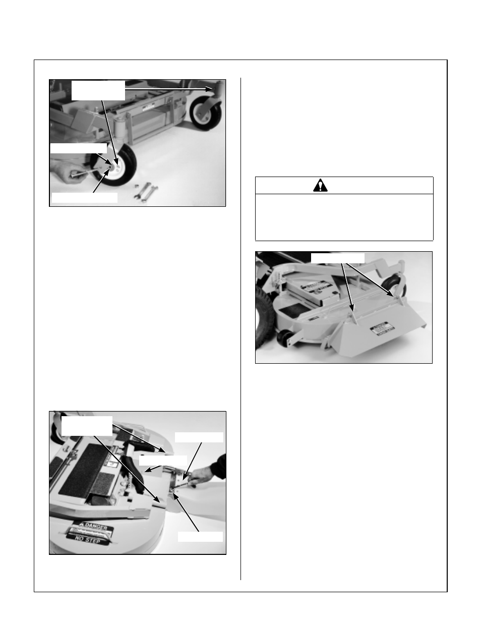 Spacer washer, Deck caster wheel installation, Carrier frame tube sockets | Attach shield, Pto shaft guard installation, Mower deck lnstallation on tractor, Deck installation, Assembly instructions, Warning | Walker MT User Manual | Page 22 / 92