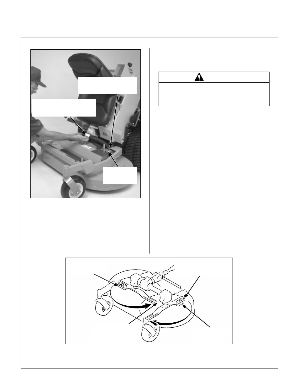 Hitch pins lock deck on support arms, Deck counterweight spring installation, Deck leveling | 4 in. (102 mm) wood block, Assembly instructions, Warning | Walker MT User Manual | Page 24 / 92