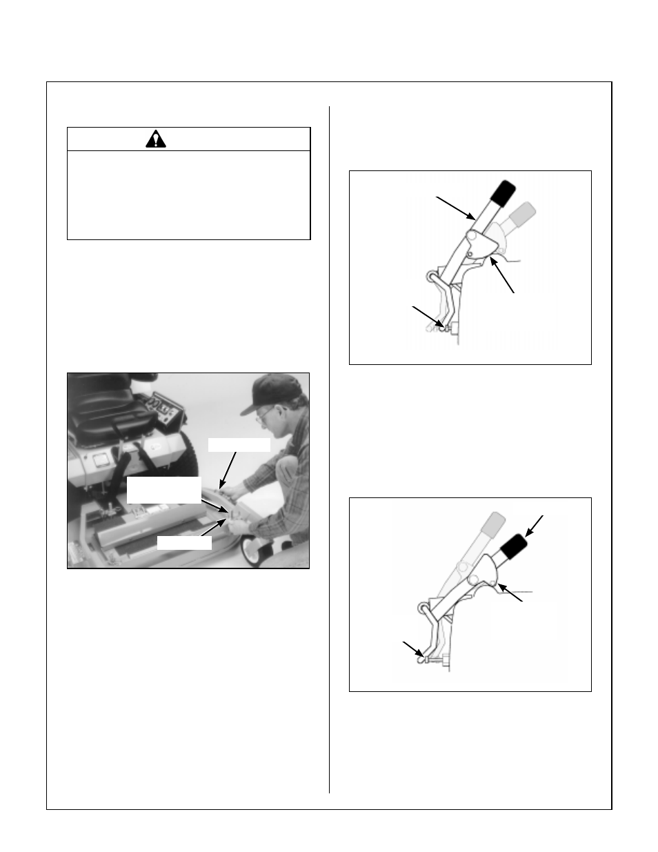 Lift handle, Cutting height adjustment, Cam in lockout position | Lockout lever - freewheel position, Cam in unlocked position, Lockout lever - normal operating position, Operating instructions, Warning | Walker MT User Manual | Page 38 / 92