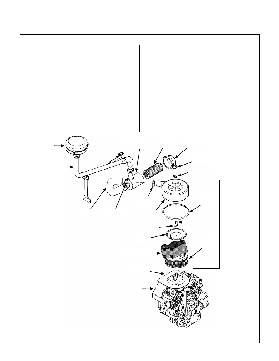 Engine air cleaner system components, Precleaner tube, Engine air cleaner (secondary) | Wing nut, Air cleaner cover, Air cleaner cover seal, Seal, Element cover, Paper element, Engine | Walker MT User Manual | Page 57 / 92