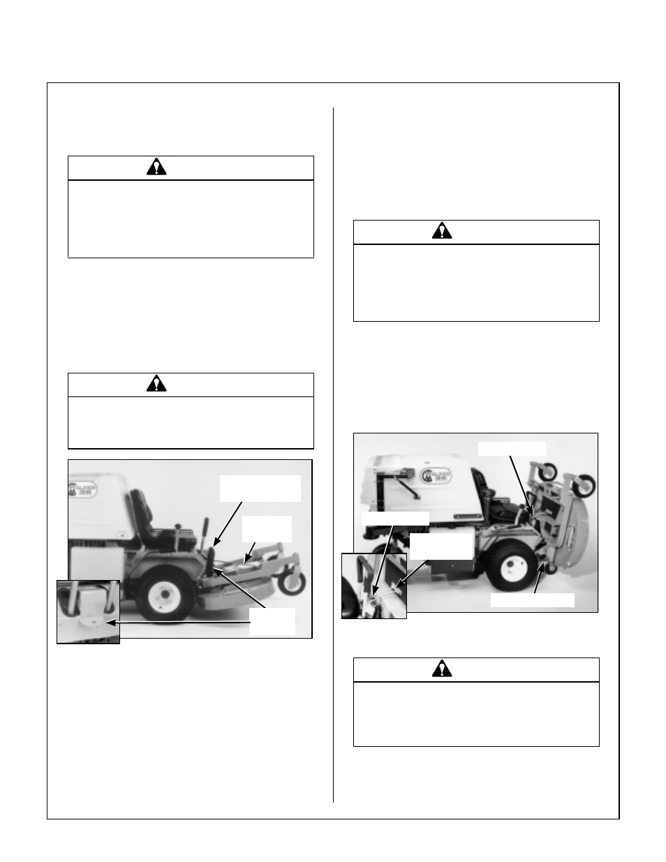 Tilt-up latch, Tilt-up hook on deck, Grass buildup in mower housing | Non-tilting decks, Counterweight spring clip, Deck secured in up position, Tilt-up decks, Deck secured in tilt-up position, Maintenance instructions, Danger | Walker MT User Manual | Page 62 / 92
