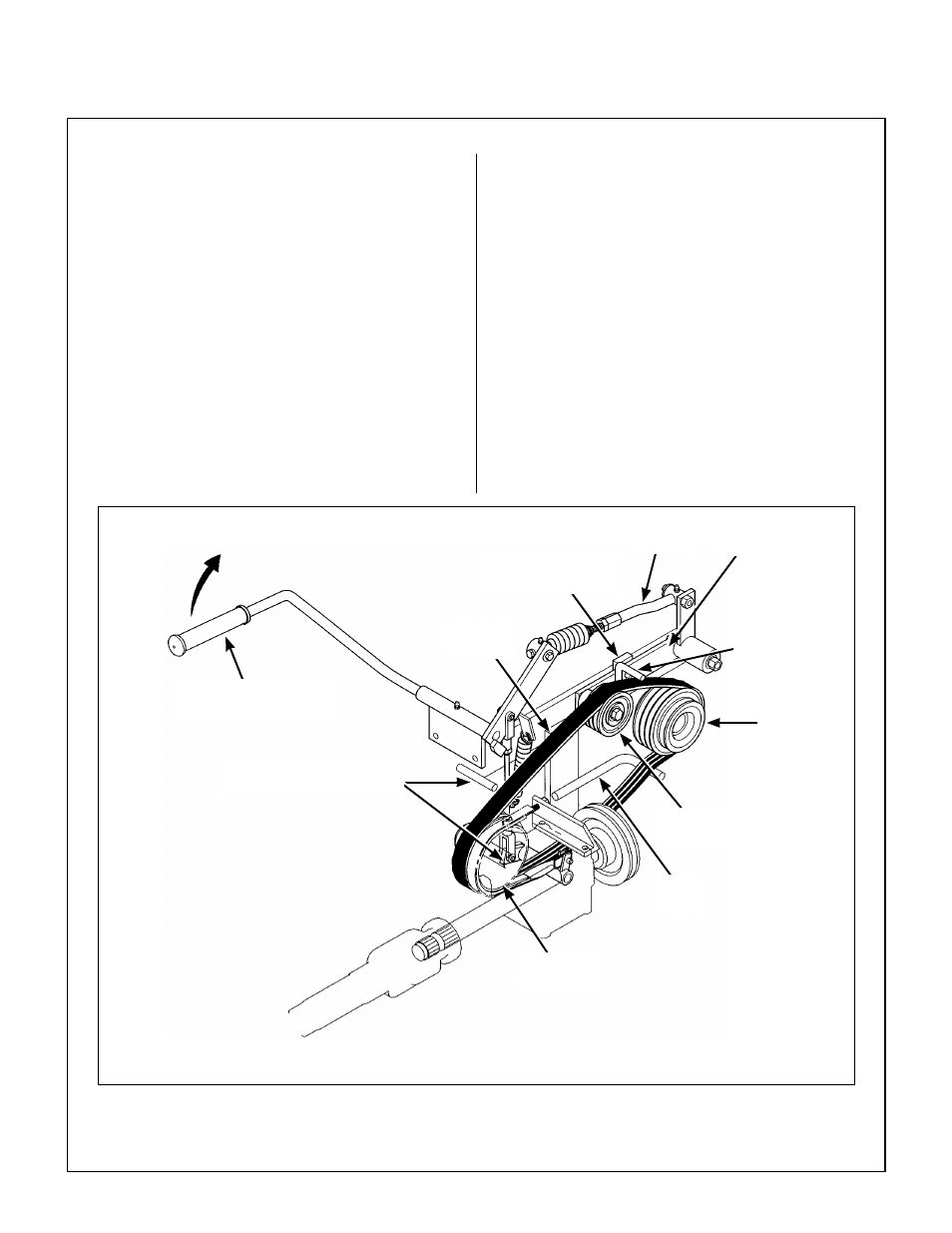 Pto belt tightener stop block, Clutch linkage, Engine pto drive belt (3 groove power band) | Belt guide, Pto belt tightener arm, Engine pulley, Clutch idler pulley, Pto drive pulley, Belt guides (bottom guide not visible), Blade clutch lever in the down position | Walker MT User Manual | Page 69 / 92
