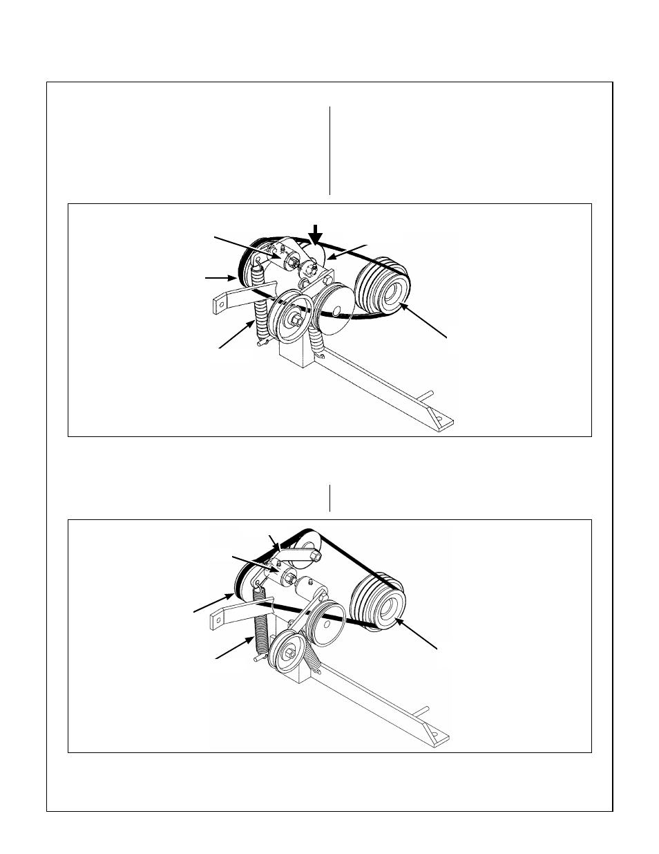 Jackshaft drive belt, Jackshaft drive belt (engaged), Jackshaft drive belt (disengaged) | Idler pulley, Tension spring, Push idler pulley down to relax belt, Engine pulley, Jackshaft, Idler arm, Maintenance instructions | Walker MT User Manual | Page 70 / 92