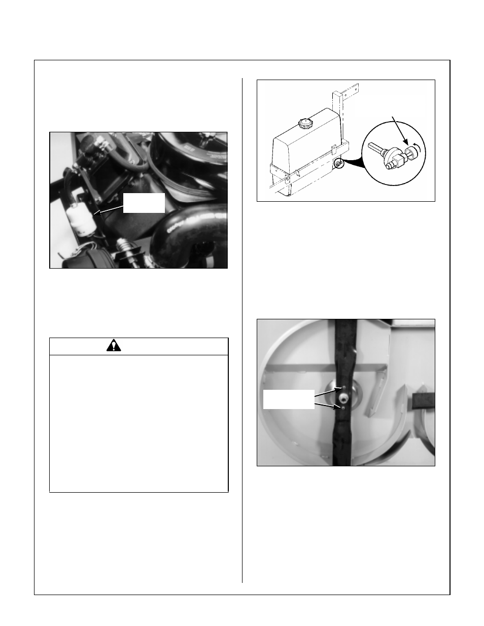 Fuel filter, In-line fuel filter, Fuel filter location | Turn valve clockwise to close, Fuel shut-off valve and filter, Blade overload shear bolts, Cutting blade shear bolts, Maintenance instructions | Walker MT User Manual | Page 73 / 92