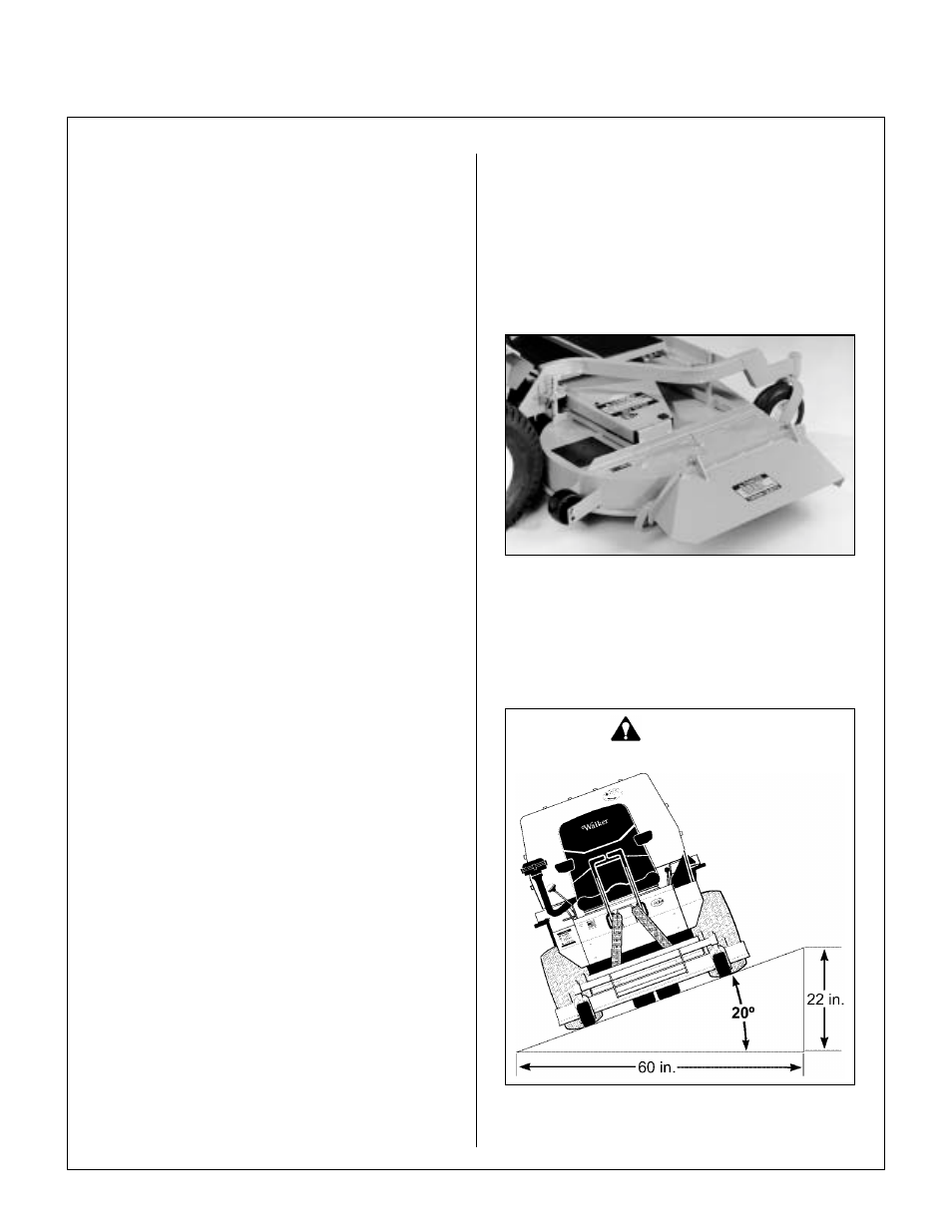 Recommendations for mowing, Side discharge shield in lowest position, Maximum recommended side slope | Operating instructions | Walker MT User Manual | Page 45 / 100