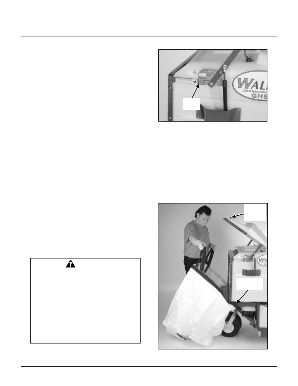 Dumping the catcher, Tailgate dumping, Catcher door safety latch | Using the dump bag, Positioning dump bag on catcher, Operating instructions | Walker MT User Manual | Page 51 / 100