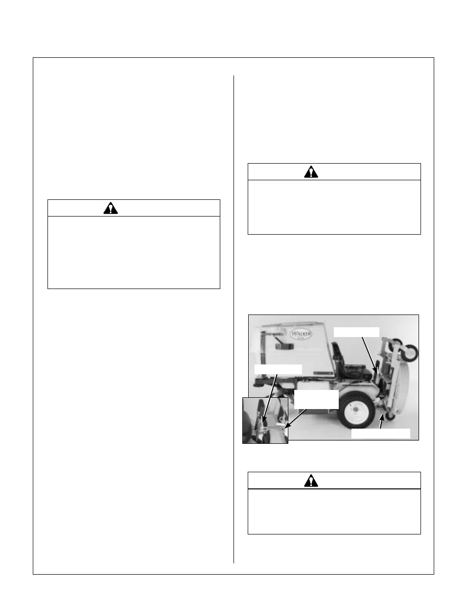 Flushing radiator and changing coolant, Grass buildup in mower housing, Deck secured in tilt-up position | Maintenance instructions | Walker MT User Manual | Page 67 / 100