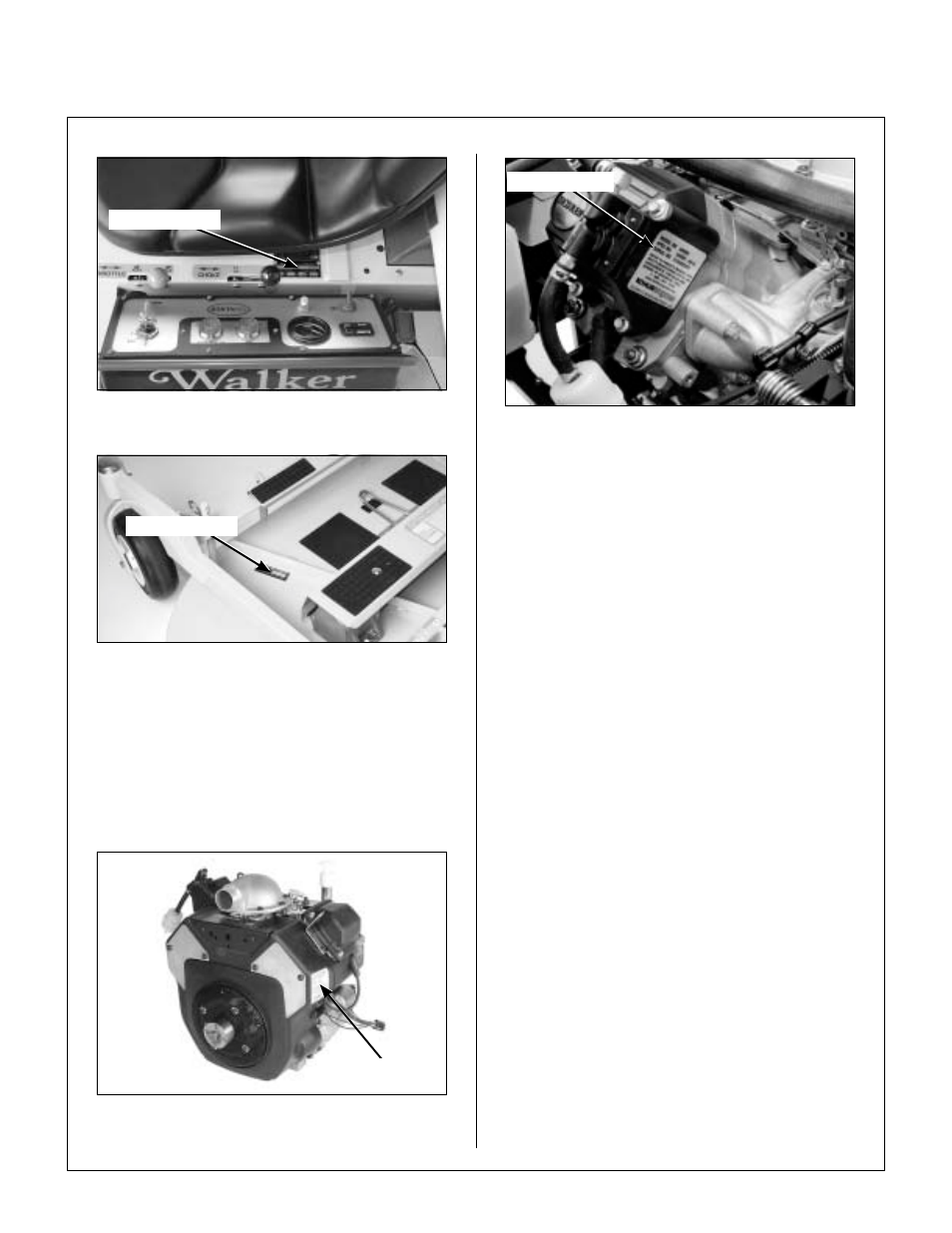 Tractor serial number location, Mower deck serial number location, Engine serial number location | Engine serial number location (mtl), Servicing of engine and drivetrain components, General information | Walker MT User Manual | Page 7 / 100