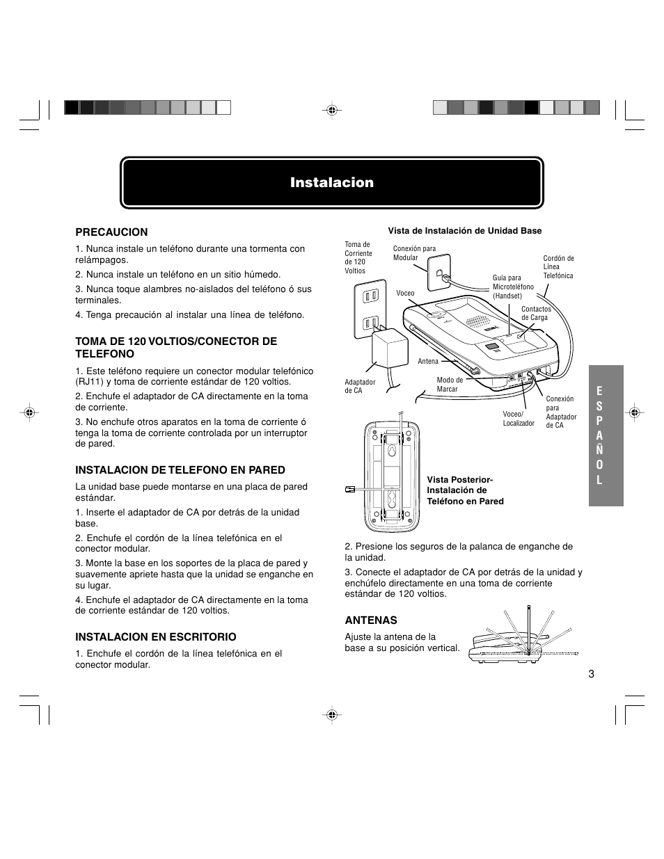 Instalacion, Precaucion, Toma de 120 voltios/conector de telefono | Instalacion de telefono en pared, Instalacion en escritorio, Antenas | Walker W-400 User Manual | Page 20 / 48