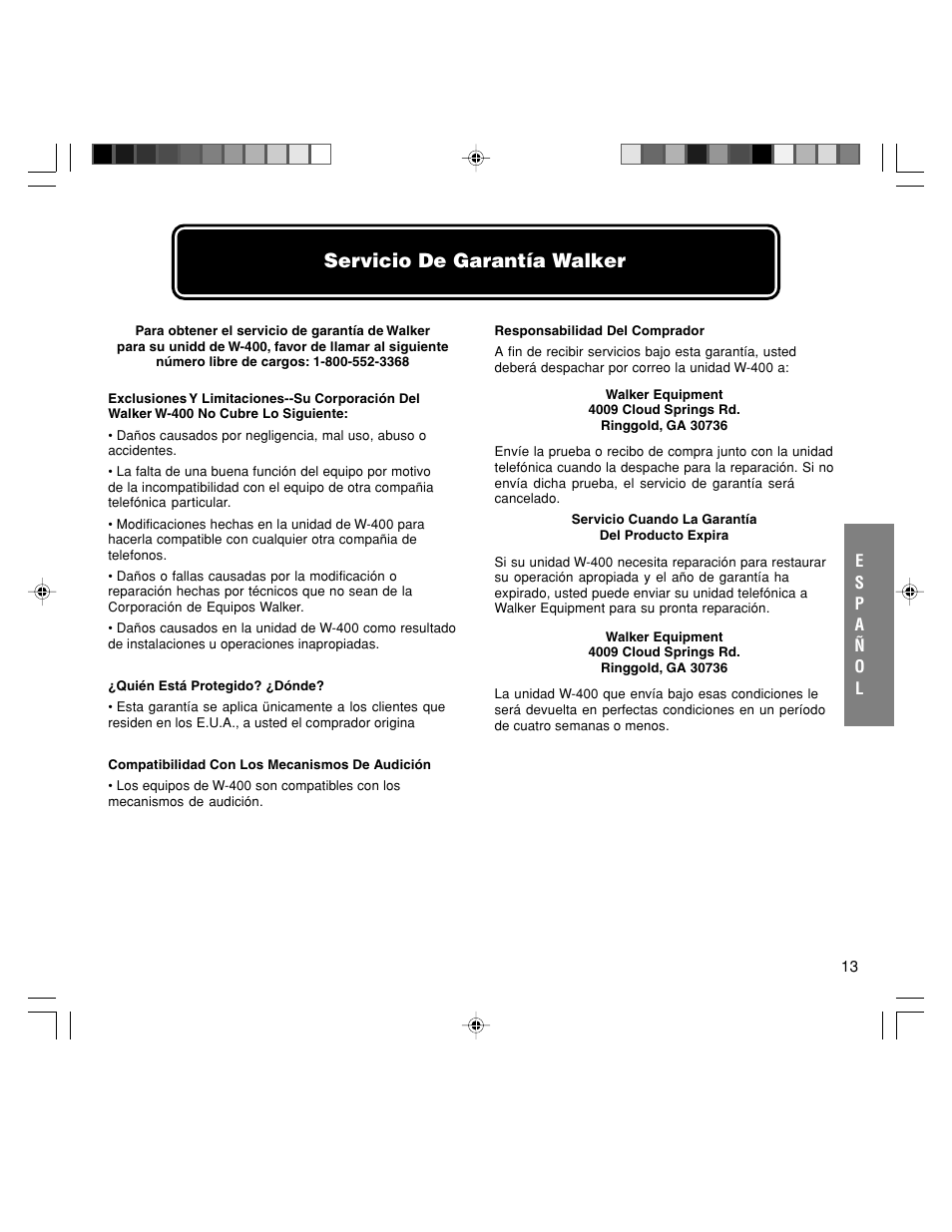 Servicio de garantía walker | Walker W-400 User Manual | Page 30 / 48