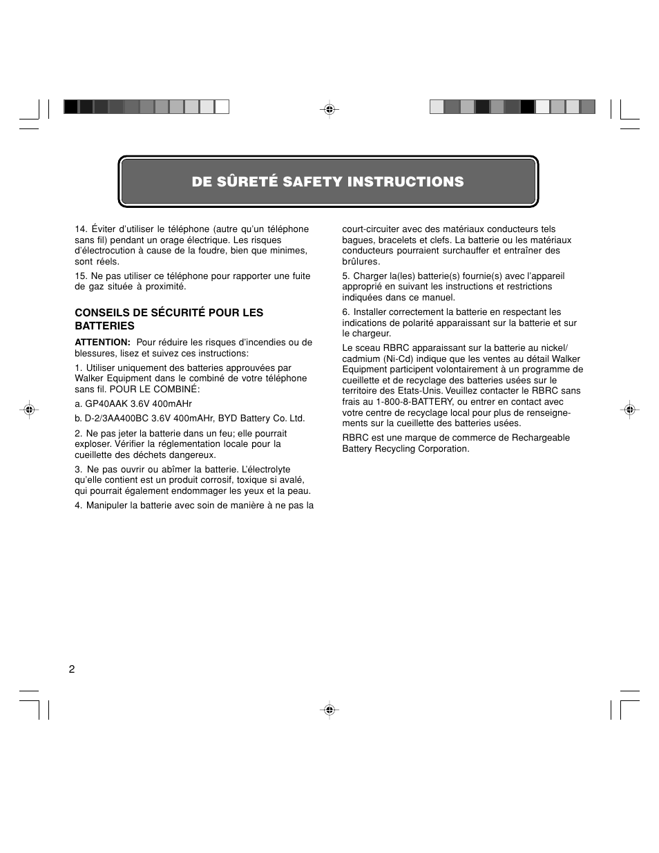De sûreté safety instructions | Walker W-400 User Manual | Page 36 / 48