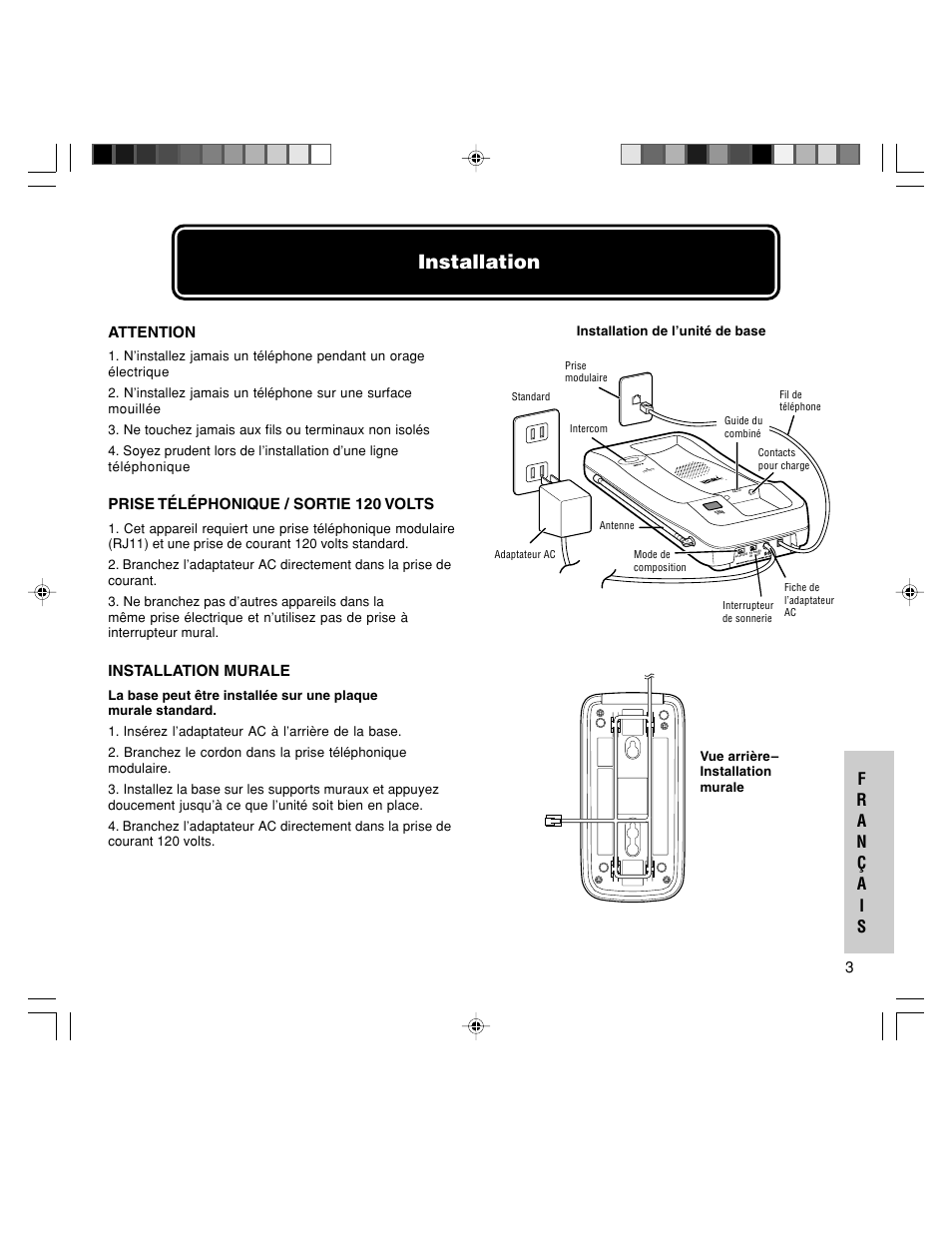 Installation, Attention, Prise téléphonique / sortie 120 volts | Installation murale | Walker W-400 User Manual | Page 37 / 48