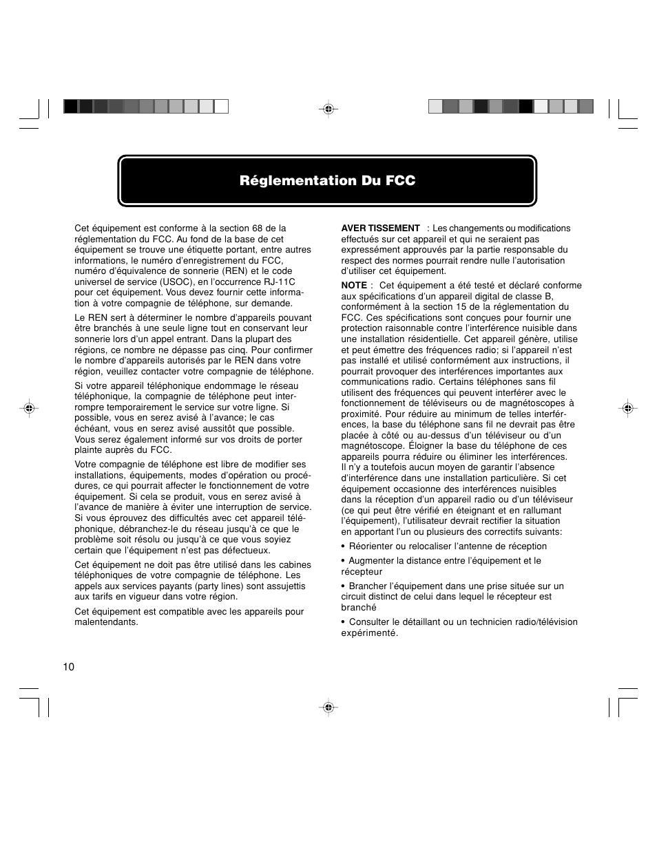 Réglementation du fcc | Walker W-400 User Manual | Page 44 / 48
