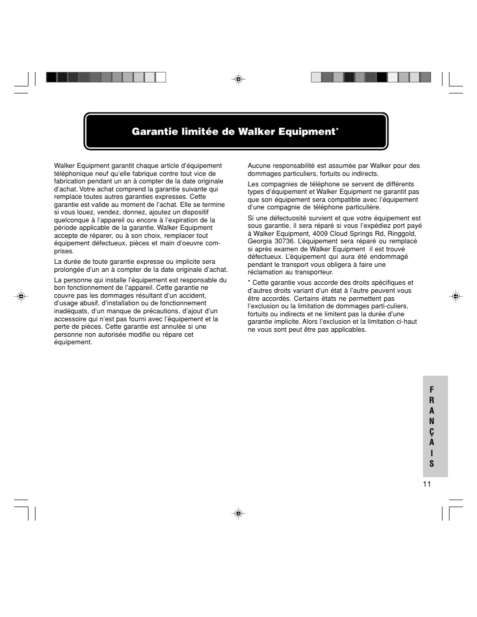 Garantie limitée de walker equipment | Walker W-400 User Manual | Page 45 / 48