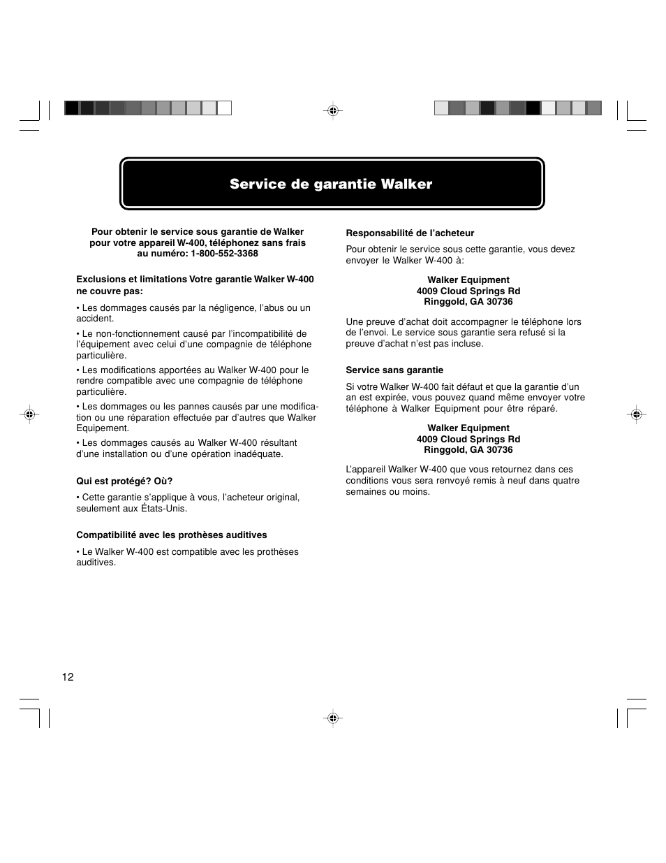 Service de garantie walker | Walker W-400 User Manual | Page 46 / 48