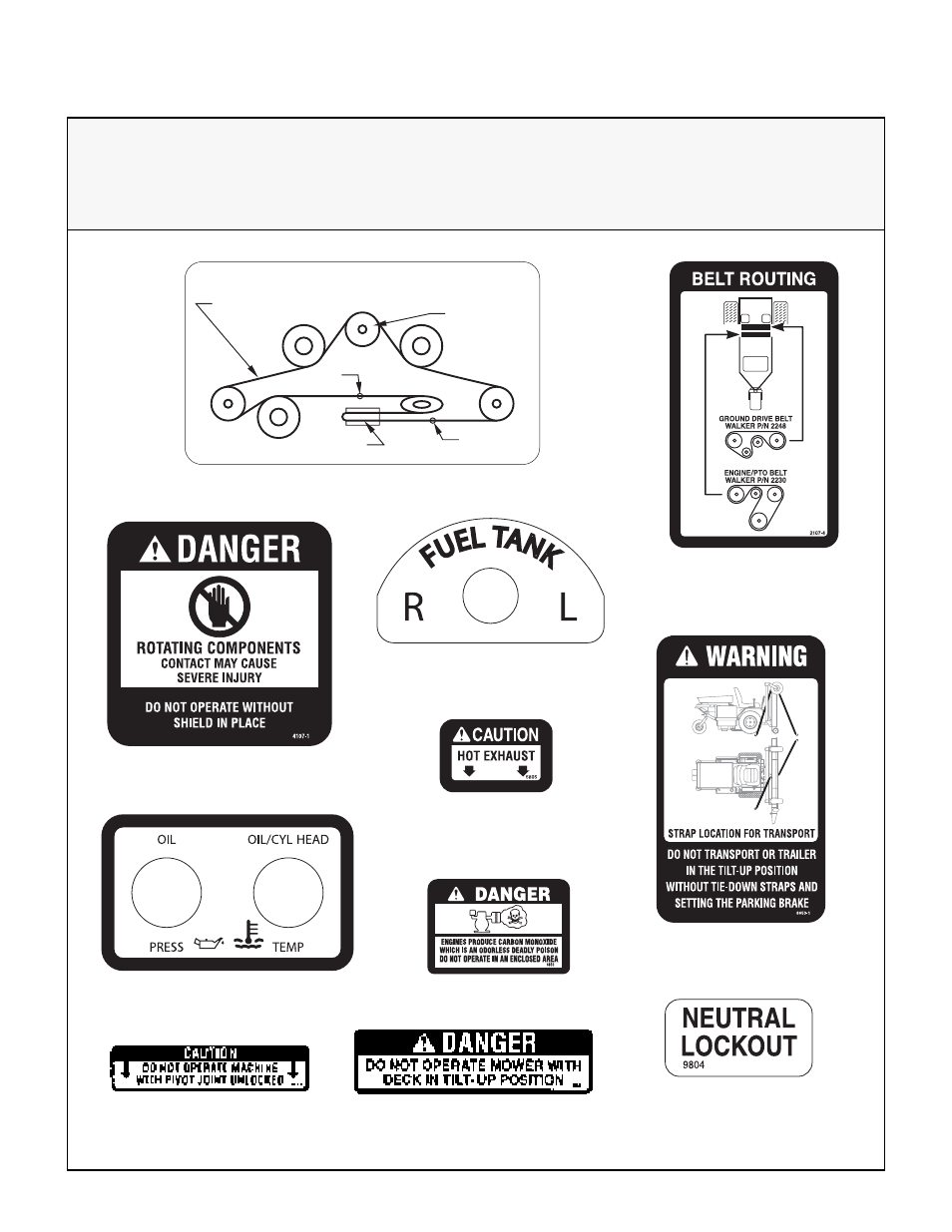 Safety, control, and instruction decals, Belt routing, Safety instructions | Walker MBSSD (27 HP) User Manual | Page 18 / 84