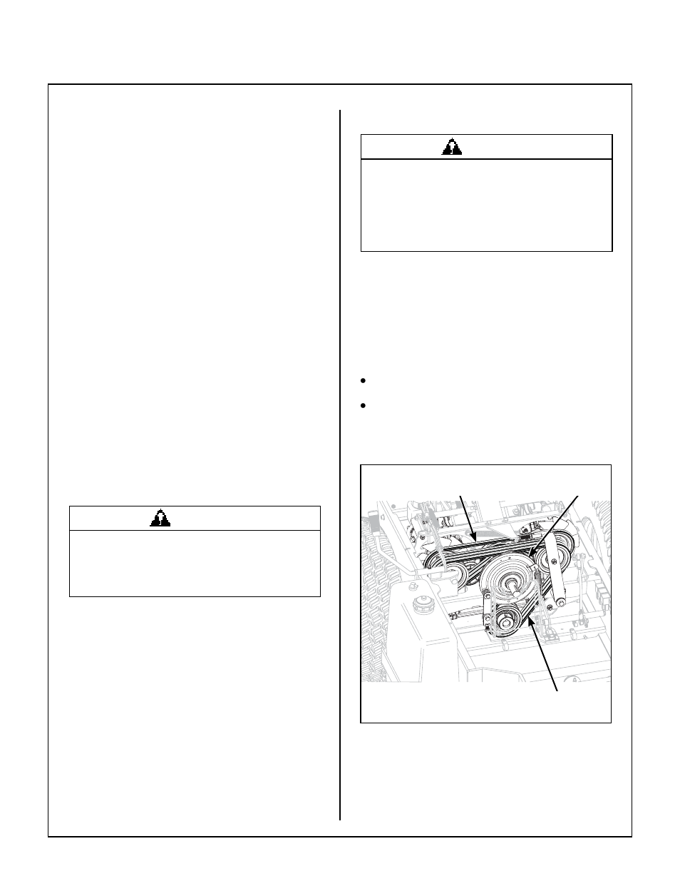 Drive belts, Spark plugs, Fuel lines and clamps | Blade brake action, Replacing/repairing, Belt locations (engine hidden for clarity), Maintenance instructions | Walker MBSSD (27 HP) User Manual | Page 53 / 84