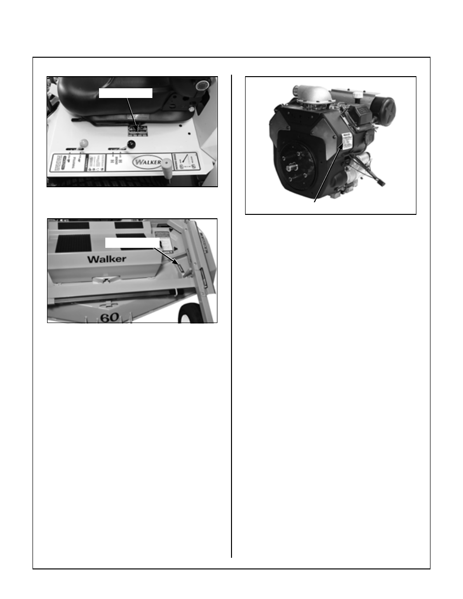 Tractor serial number location, Mower deck serial number location, Engine serial number location | Servicing of engine and drivetrain components, General information | Walker MBSSD (27 HP) User Manual | Page 6 / 84