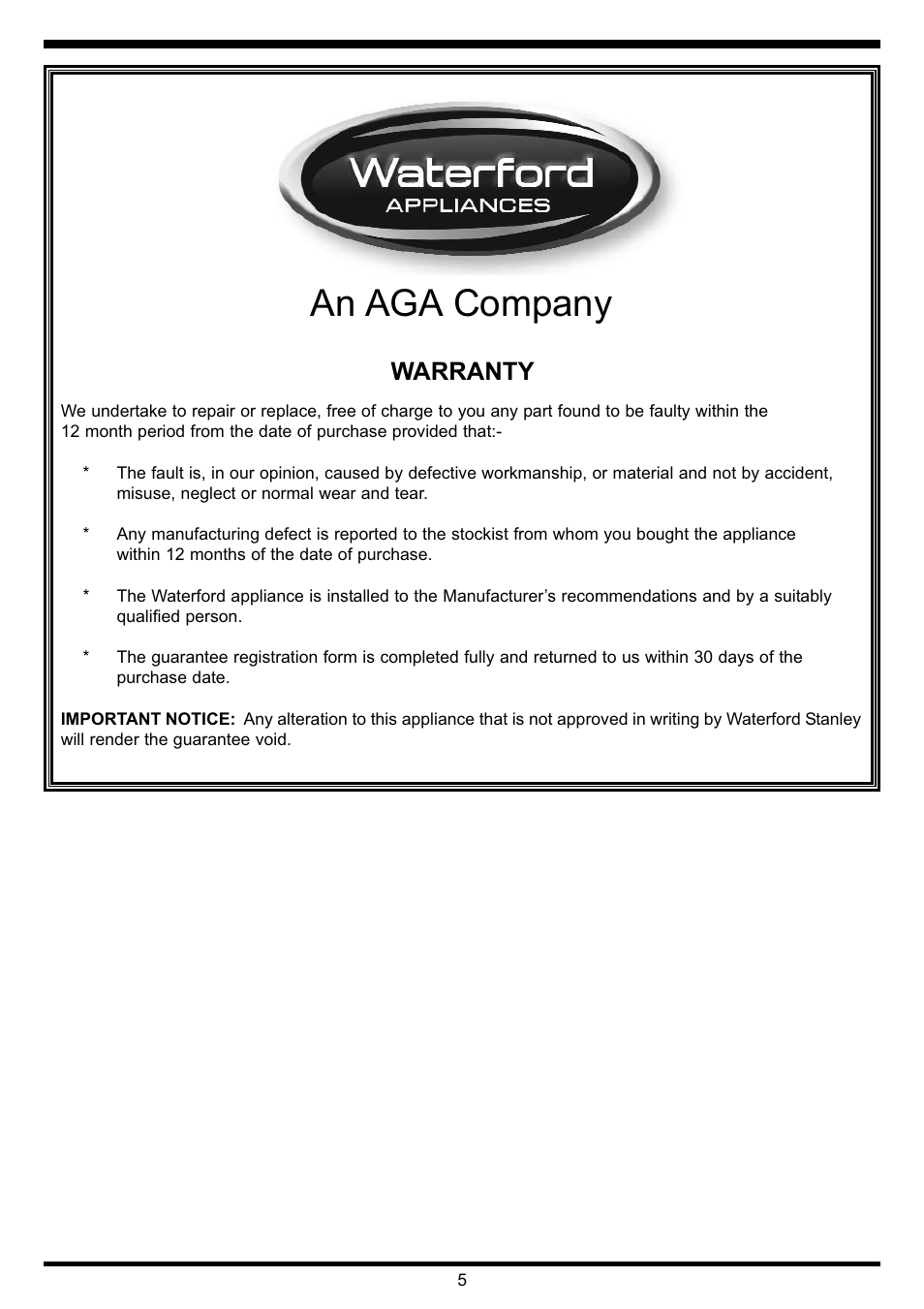 An aga company, Warranty | Waterford Precision Cycles Stainless Steel Box Hood User Manual | Page 6 / 7