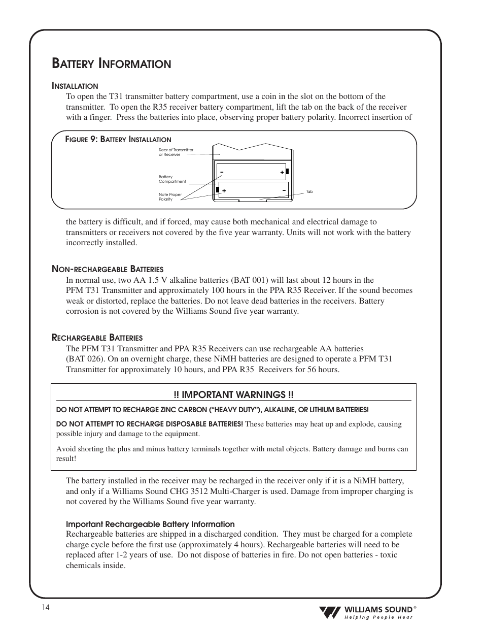 Attery, Nformation | Williams Sound HEARING HELPER TGS PRO 720 User Manual | Page 14 / 20