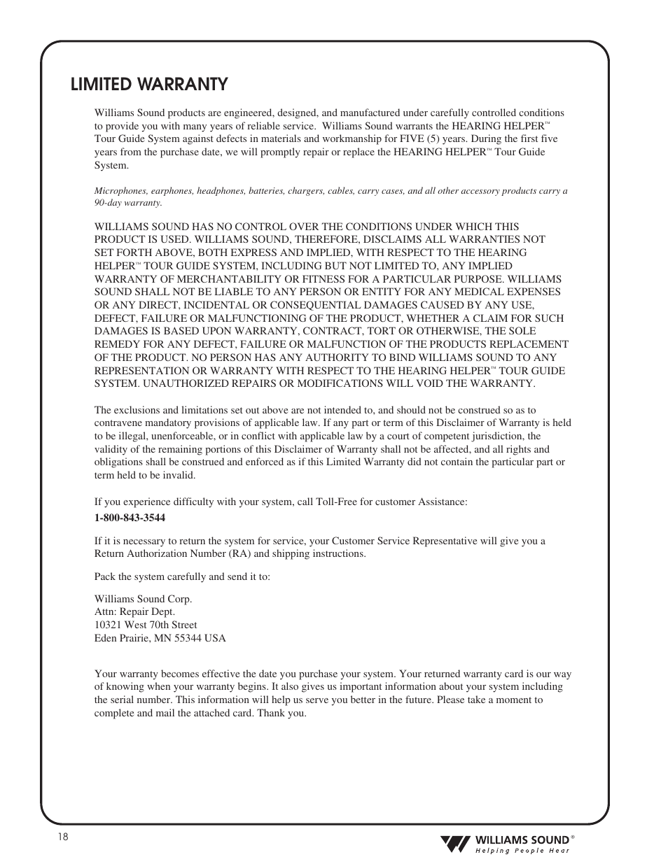 Limited warranty | Williams Sound HEARING HELPER TGS PRO 720 User Manual | Page 18 / 20