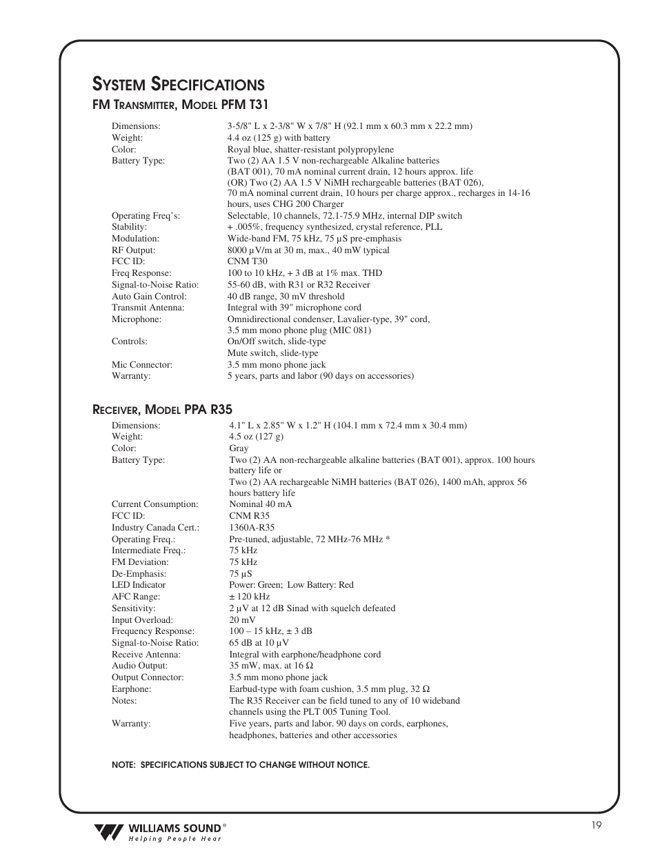 Ystem, Pecifications | Williams Sound HEARING HELPER TGS PRO 720 User Manual | Page 19 / 20