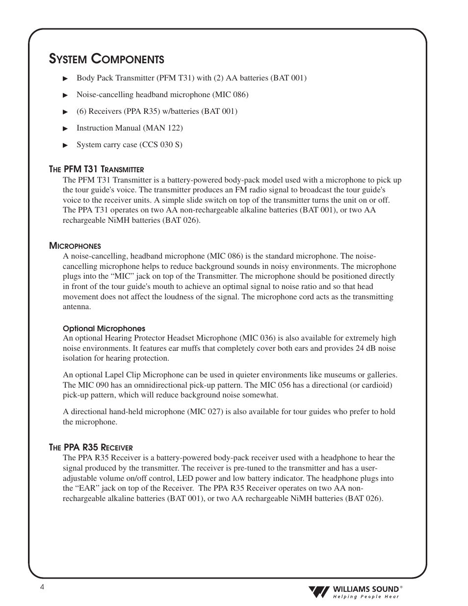 Ystem, Omponents | Williams Sound HEARING HELPER TGS PRO 720 User Manual | Page 4 / 20
