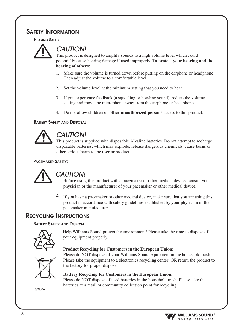 Caution, Caution! s | Williams Sound HEARING HELPER TGS PRO 720 User Manual | Page 6 / 20